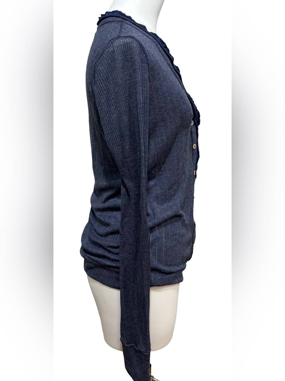 SPLENDID Navy Ribbed/Pointelle lacey Button-Front Cardigan, ribbon ruffle vneck - Picture 6 of 16